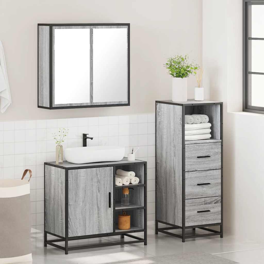 3-delige Badkamermeubelset bewerkt hout grijs sonoma eikenkleur is nu te koop bij PeponiXL, paradijselijk wonen!
