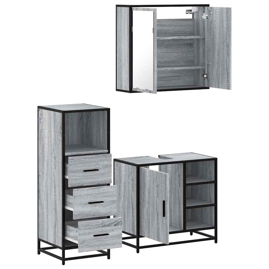 3-delige Badkamermeubelset bewerkt hout grijs sonoma eikenkleur is nu te koop bij PeponiXL, paradijselijk wonen!