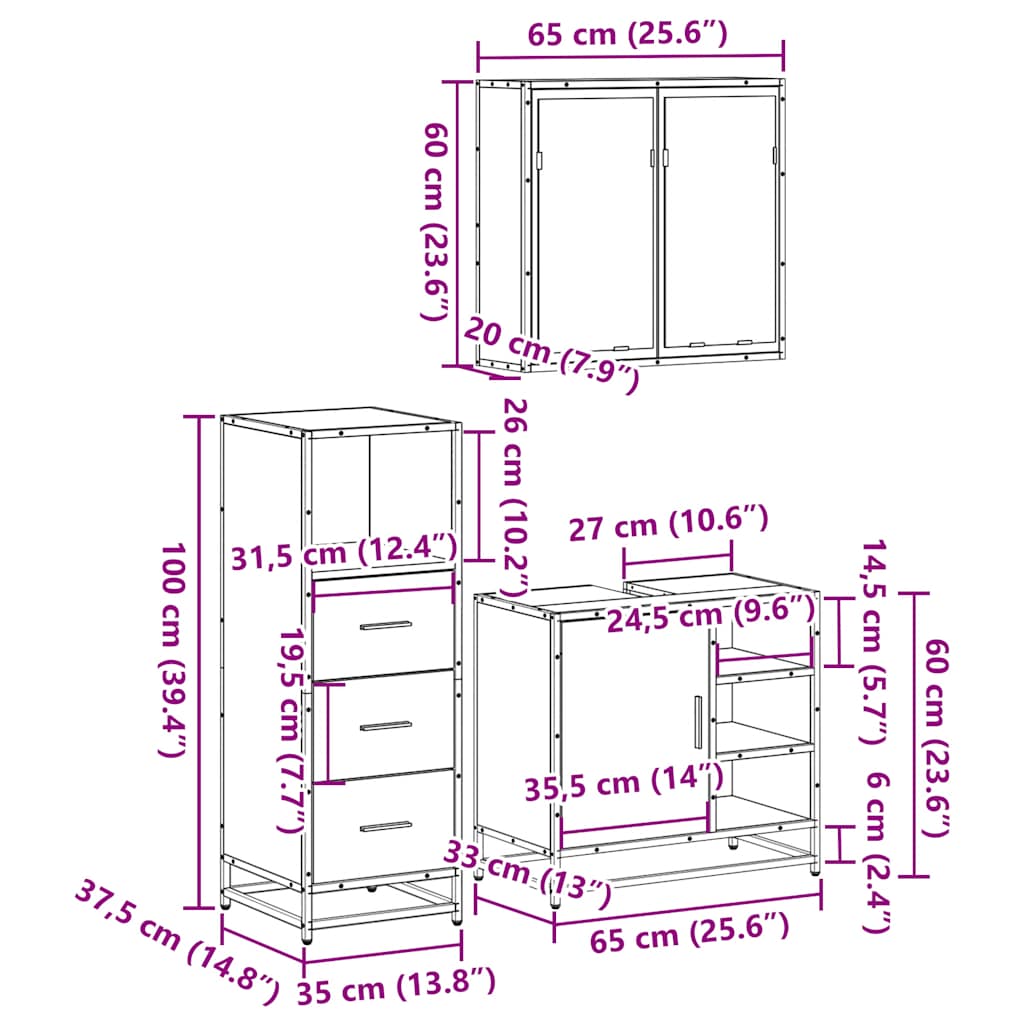 3-delige Badkamermeubelset bewerkt hout grijs sonoma eikenkleur is nu te koop bij PeponiXL, paradijselijk wonen!