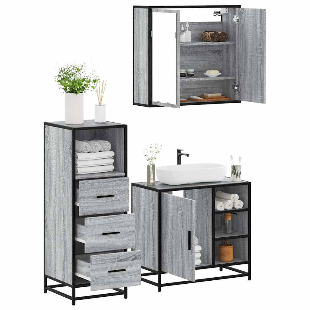 3-delige Badkamermeubelset bewerkt hout grijs sonoma eikenkleur is nu te koop bij PeponiXL, paradijselijk wonen!