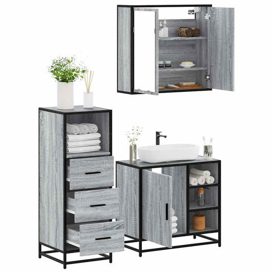 3-delige Badkamermeubelset bewerkt hout grijs sonoma eikenkleur is nu te koop bij PeponiXL, paradijselijk wonen!