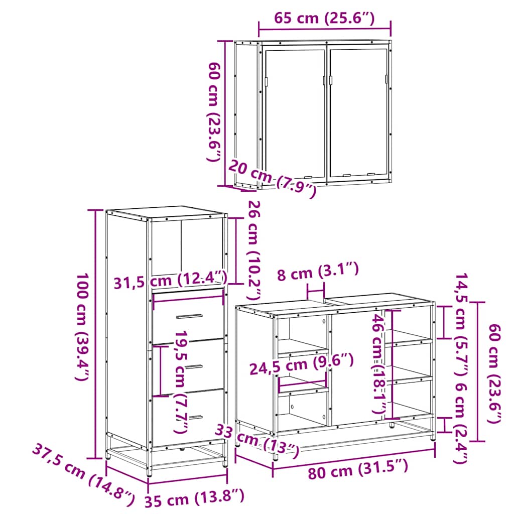 3-delige Badkamermeubelset bewerkt hout gerookt eikenkleurig is nu te koop bij PeponiXL, paradijselijk wonen!