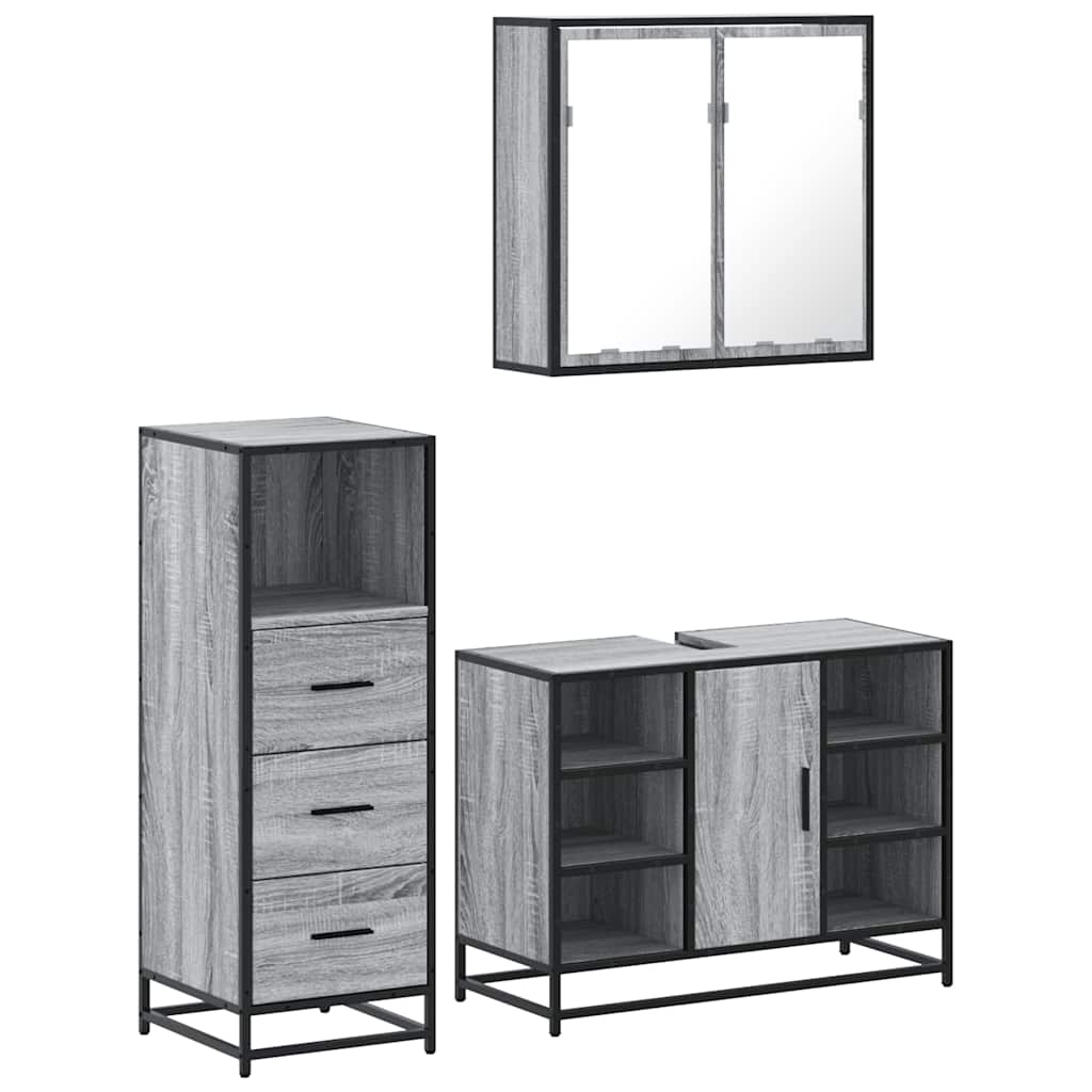 3-delige Badkamermeubelset bewerkt hout grijs sonoma eikenkleur is nu te koop bij PeponiXL, paradijselijk wonen!