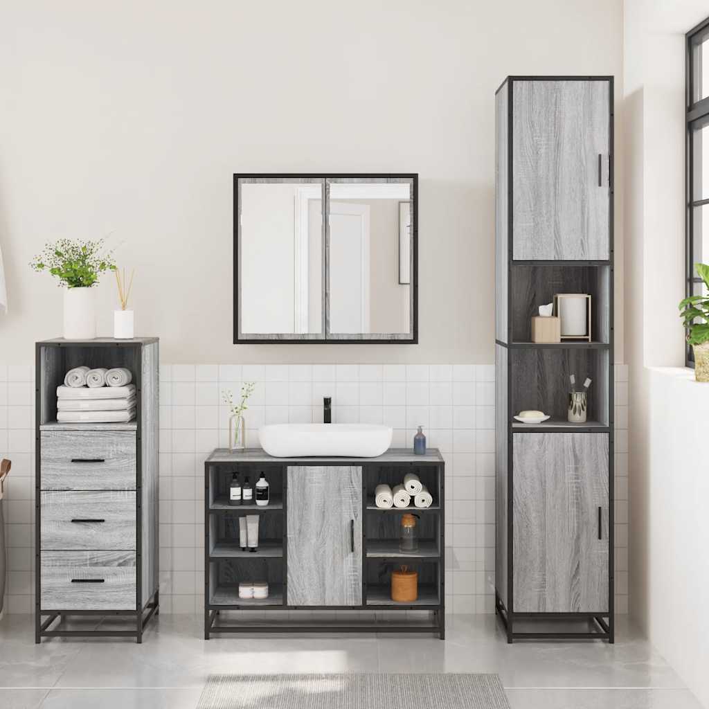 3-delige Badkamermeubelset bewerkt hout grijs sonoma eikenkleur is nu te koop bij PeponiXL, paradijselijk wonen!