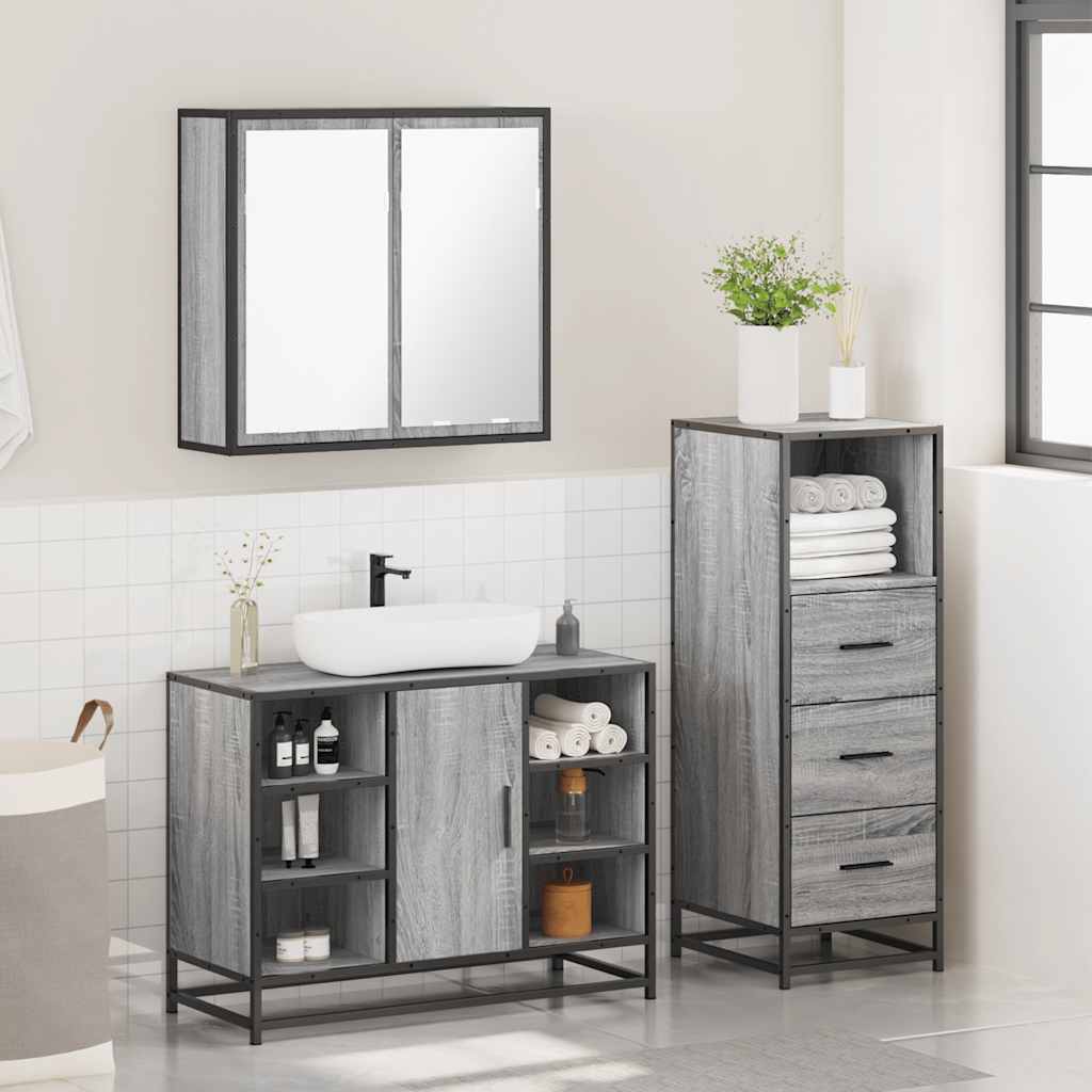 3-delige Badkamermeubelset bewerkt hout grijs sonoma eikenkleur is nu te koop bij PeponiXL, paradijselijk wonen!