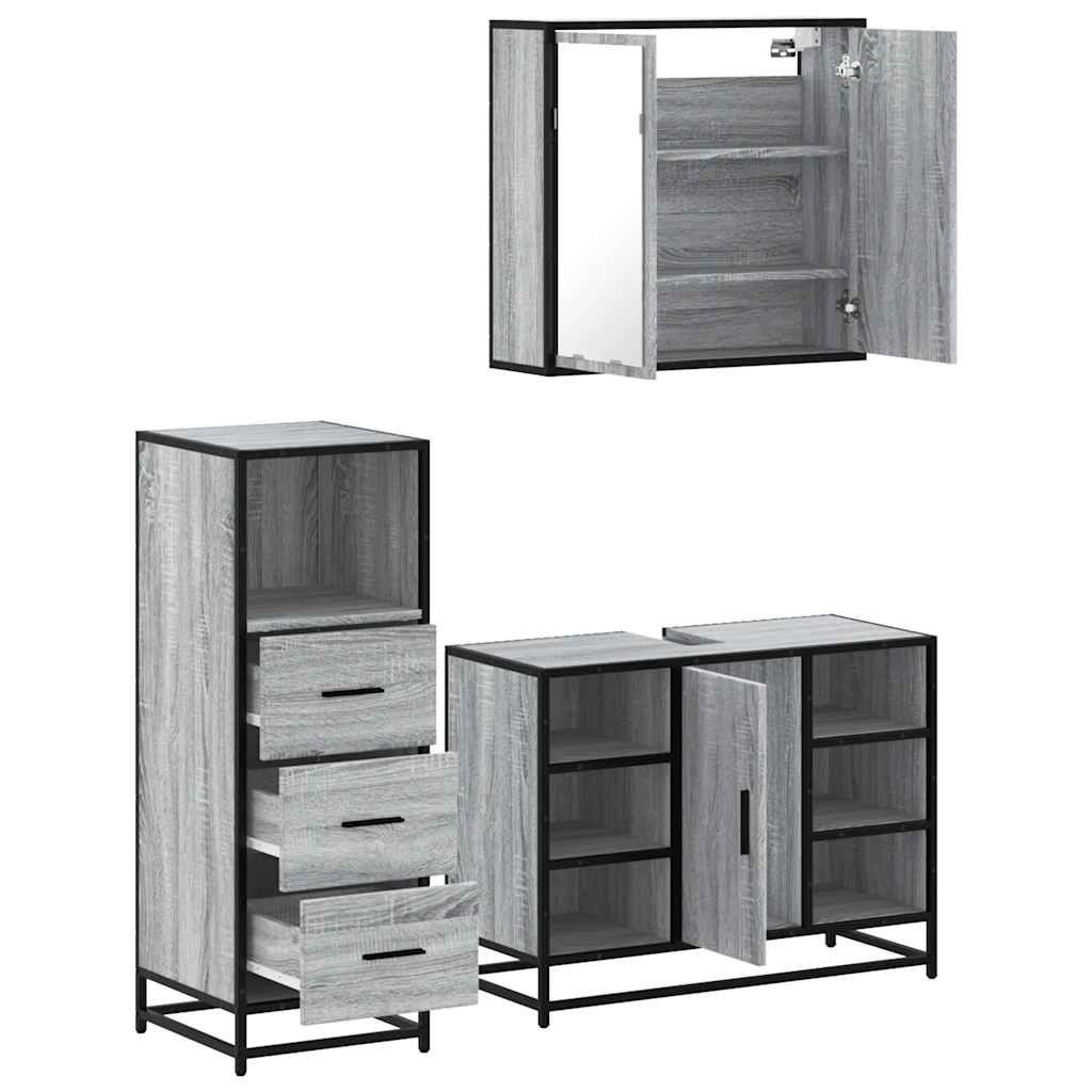 3-delige Badkamermeubelset bewerkt hout grijs sonoma eikenkleur is nu te koop bij PeponiXL, paradijselijk wonen!