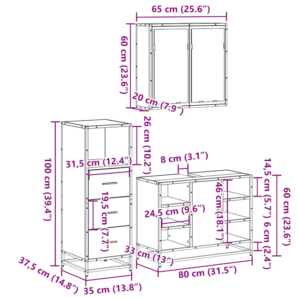 3-delige Badkamermeubelset bewerkt hout grijs sonoma eikenkleur is nu te koop bij PeponiXL, paradijselijk wonen!
