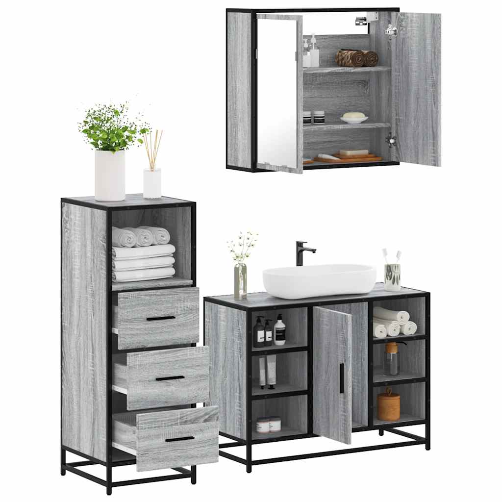 3-delige Badkamermeubelset bewerkt hout grijs sonoma eikenkleur is nu te koop bij PeponiXL, paradijselijk wonen!