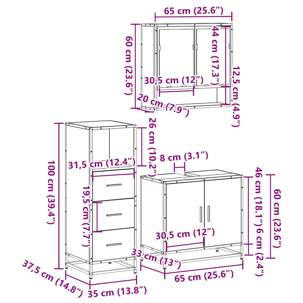 3-delige Badkamermeubelset bewerkt hout gerookt eikenkleurig is nu te koop bij PeponiXL, paradijselijk wonen!