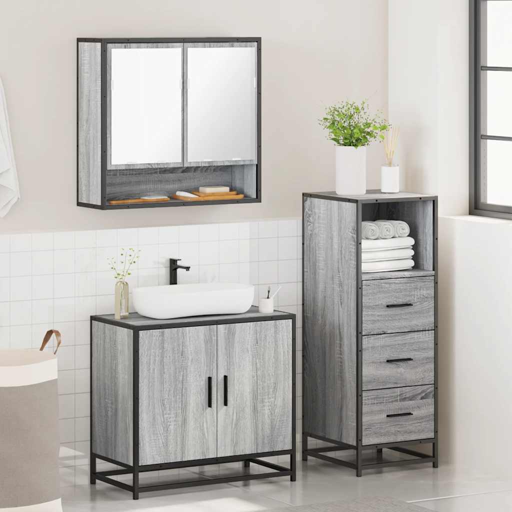 3-delige Badkamermeubelset bewerkt hout grijs sonoma eikenkleur is nu te koop bij PeponiXL, paradijselijk wonen!