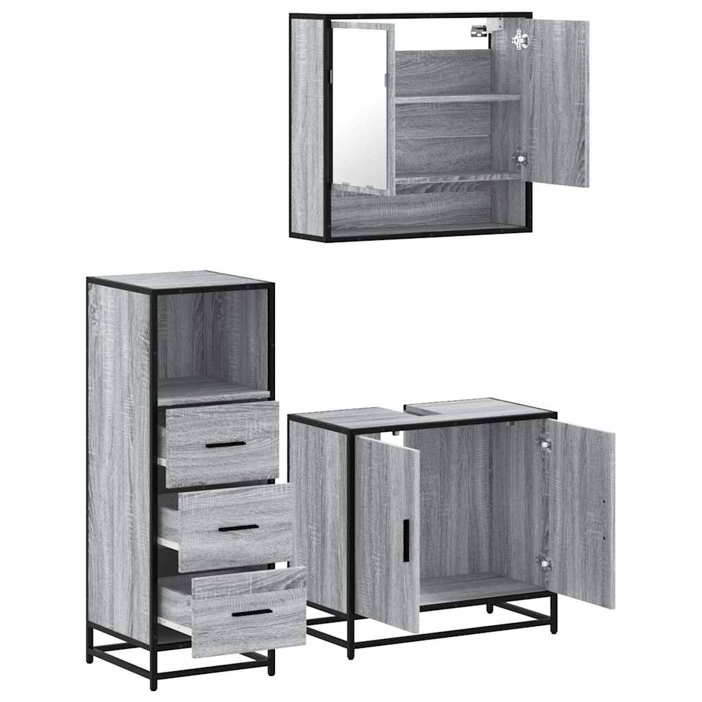 3-delige Badkamermeubelset bewerkt hout grijs sonoma eikenkleur is nu te koop bij PeponiXL, paradijselijk wonen!