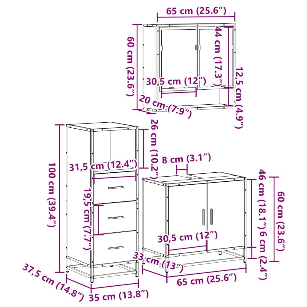 3-delige Badkamermeubelset bewerkt hout grijs sonoma eikenkleur is nu te koop bij PeponiXL, paradijselijk wonen!
