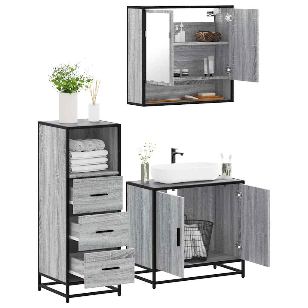 3-delige Badkamermeubelset bewerkt hout grijs sonoma eikenkleur is nu te koop bij PeponiXL, paradijselijk wonen!