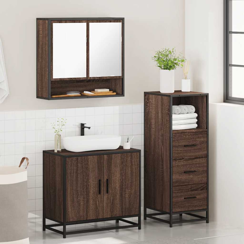 3-delige Badkamermeubelset bewerkt hout bruin eikenkleur is nu te koop bij PeponiXL, paradijselijk wonen!