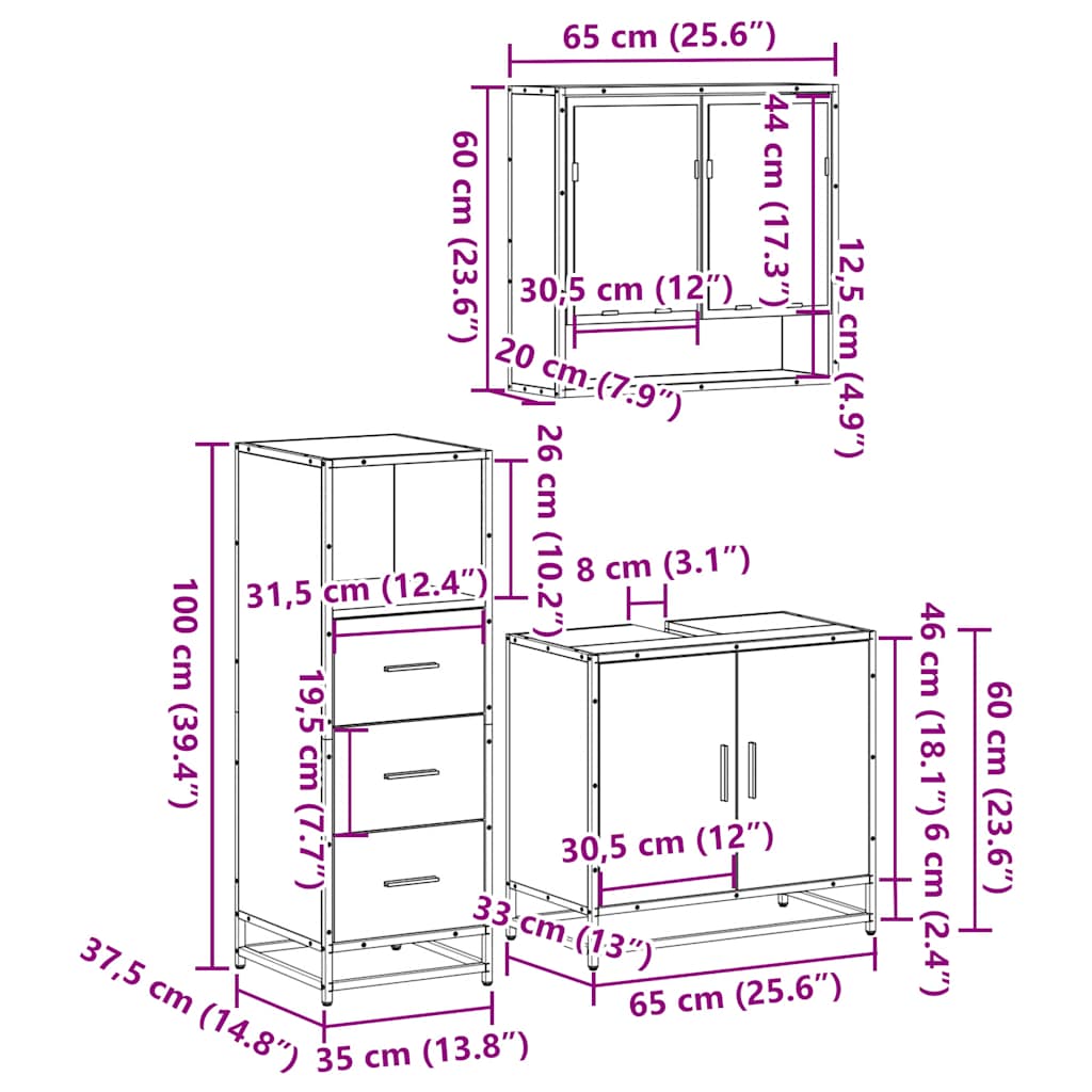 3-delige Badkamermeubelset bewerkt hout bruin eikenkleur is nu te koop bij PeponiXL, paradijselijk wonen!