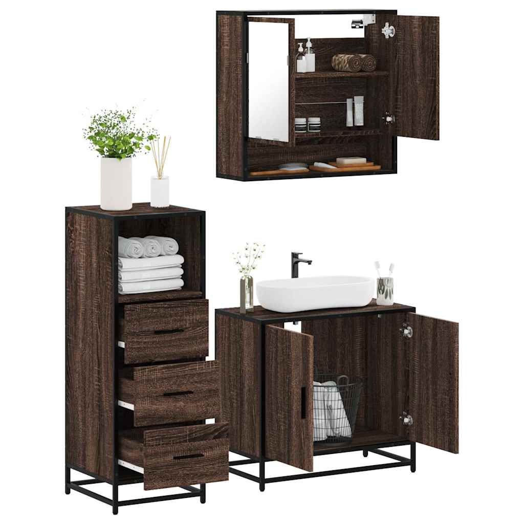 3-delige Badkamermeubelset bewerkt hout bruin eikenkleur is nu te koop bij PeponiXL, paradijselijk wonen!