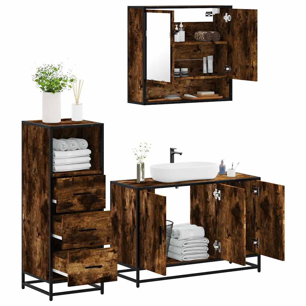 3-delige Badkamermeubelset bewerkt hout gerookt eikenkleurig is nu te koop bij PeponiXL, paradijselijk wonen!
