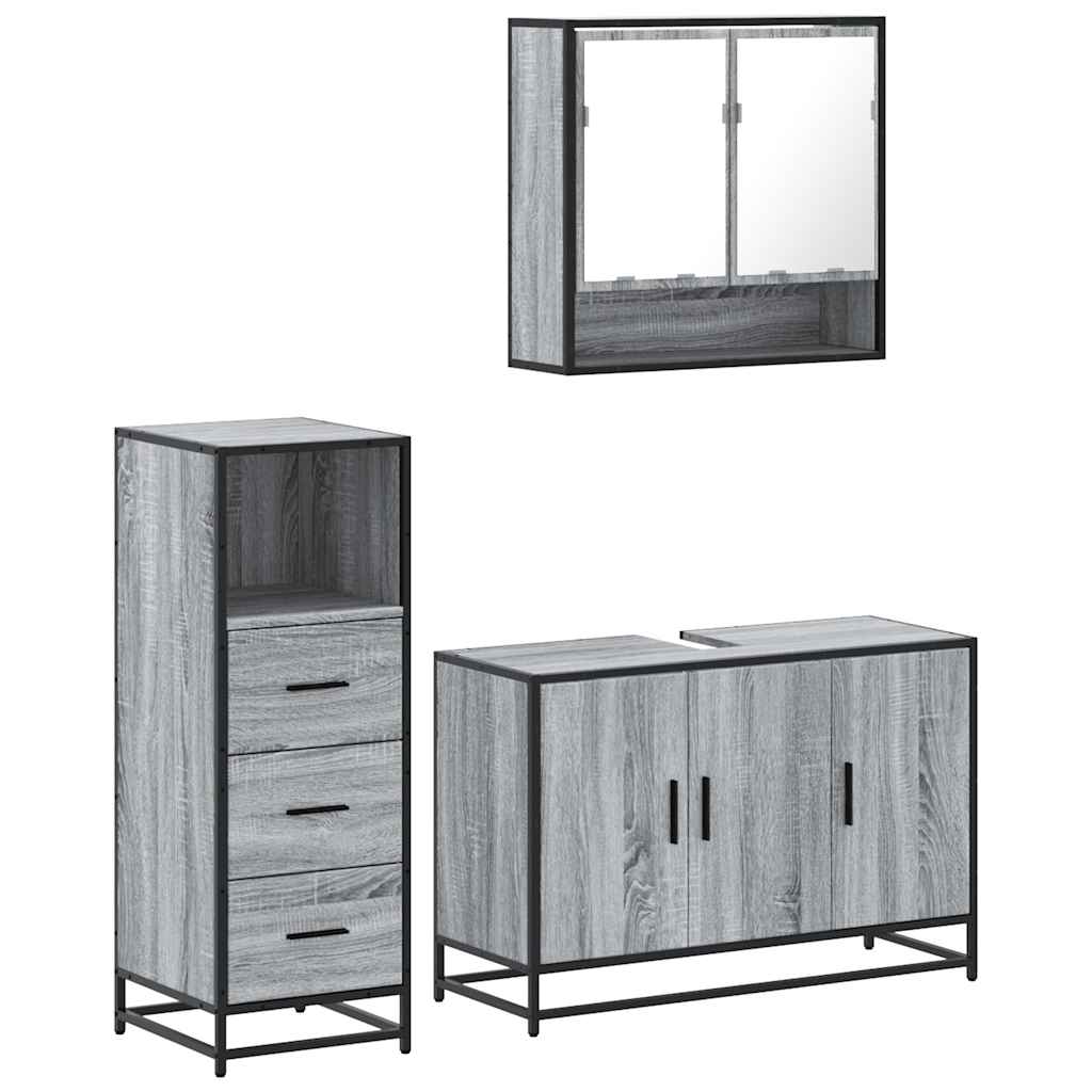 3-delige Badkamermeubelset bewerkt hout grijs sonoma eikenkleur is nu te koop bij PeponiXL, paradijselijk wonen!