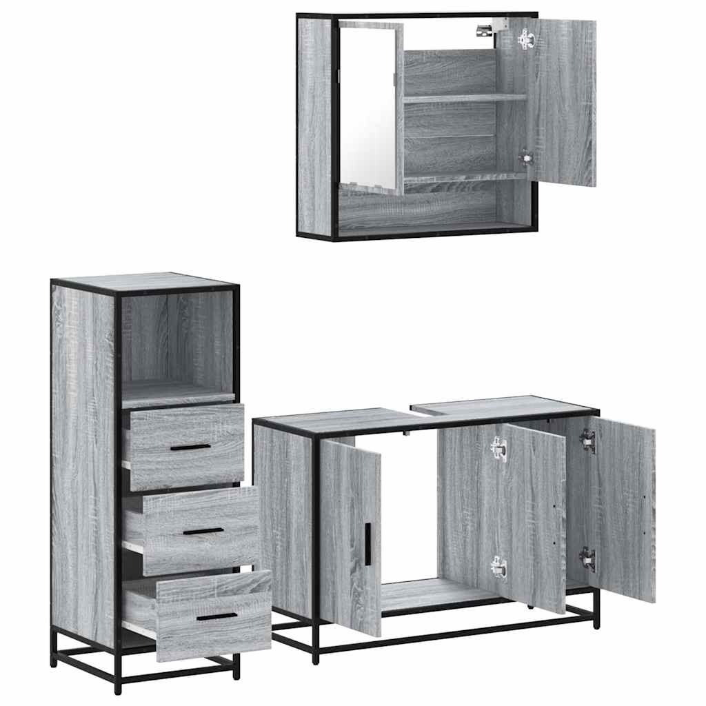 3-delige Badkamermeubelset bewerkt hout grijs sonoma eikenkleur is nu te koop bij PeponiXL, paradijselijk wonen!