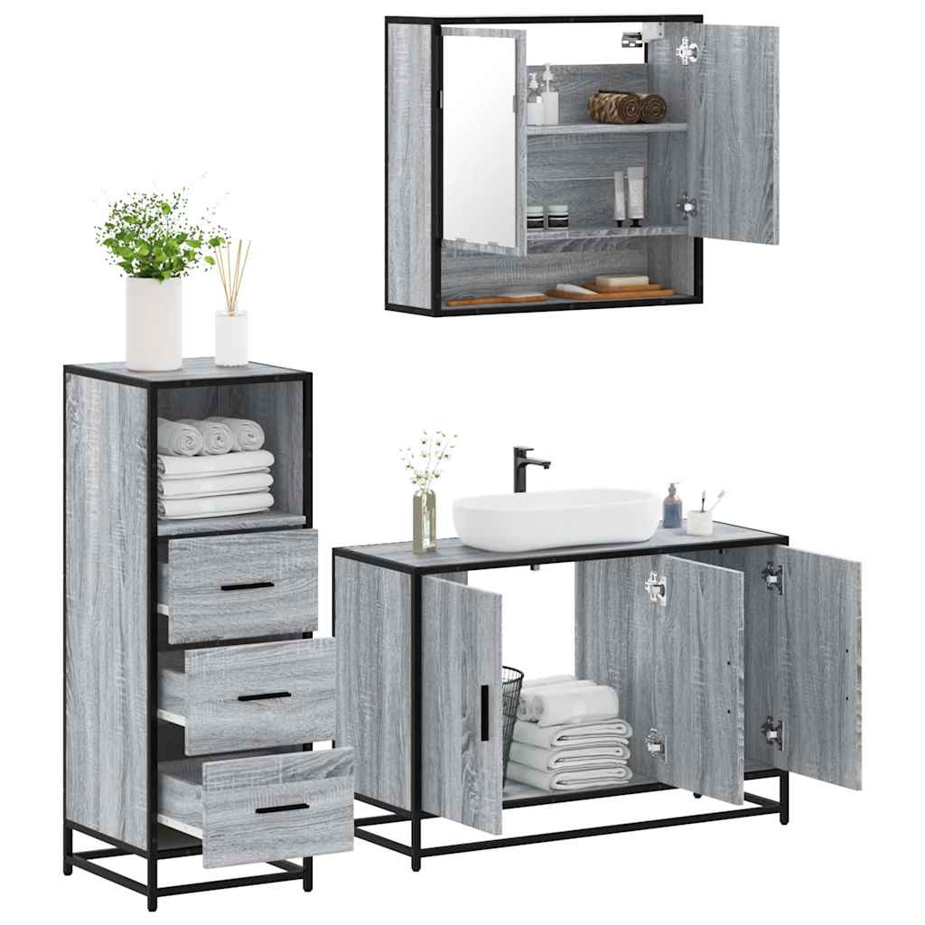 3-delige Badkamermeubelset bewerkt hout grijs sonoma eikenkleur is nu te koop bij PeponiXL, paradijselijk wonen!