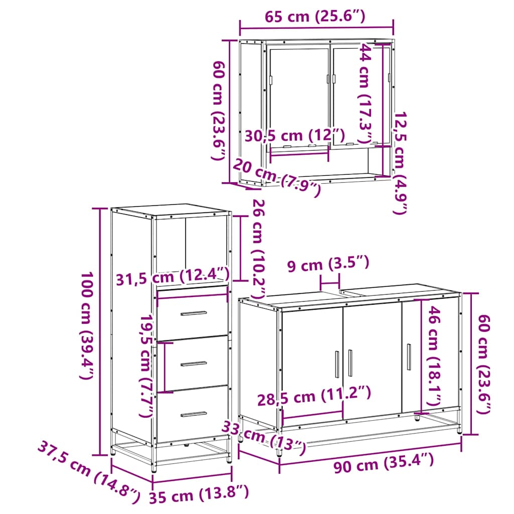 3-delige Badkamermeubelset bewerkt hout bruin eikenkleur is nu te koop bij PeponiXL, paradijselijk wonen!