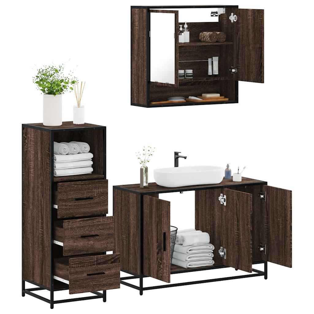 3-delige Badkamermeubelset bewerkt hout bruin eikenkleur is nu te koop bij PeponiXL, paradijselijk wonen!