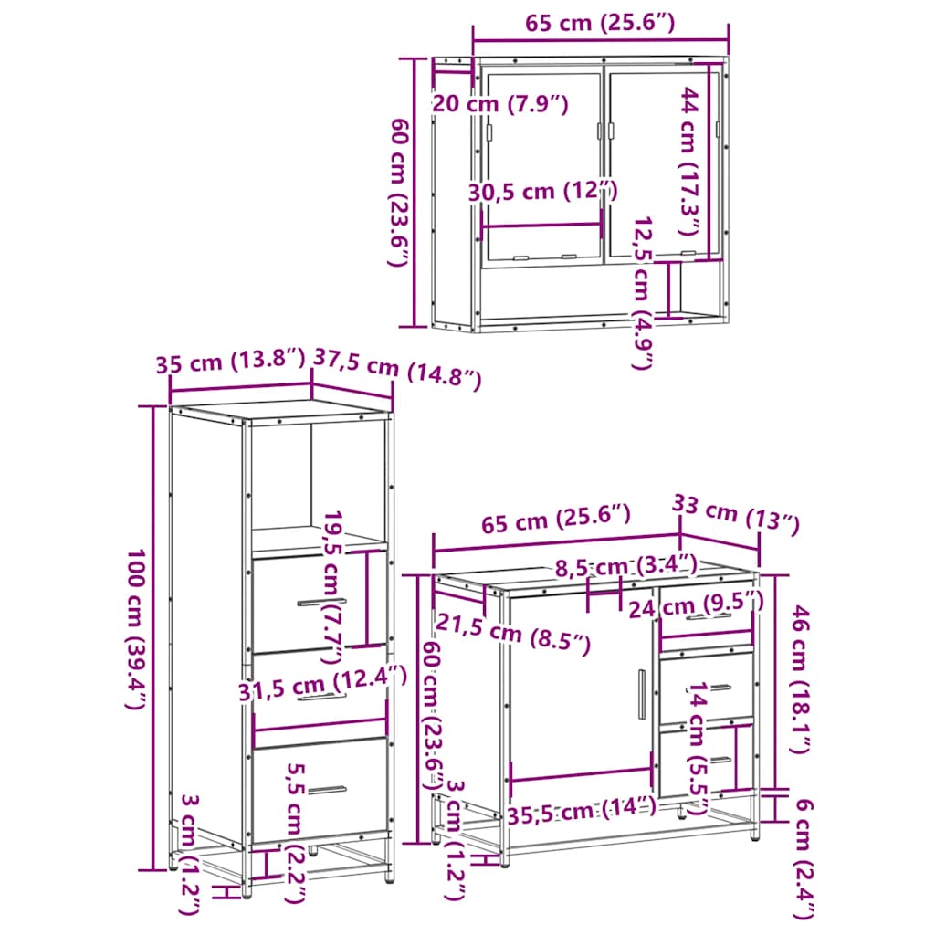 3-delige Badkamermeubelset bewerkt hout gerookt eikenkleurig is nu te koop bij PeponiXL, paradijselijk wonen!