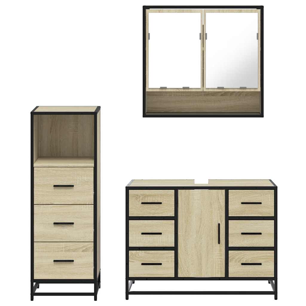 3-delige Badkamermeubelset bewerkt hout sonoma eikenkleurig is nu te koop bij PeponiXL, paradijselijk wonen!