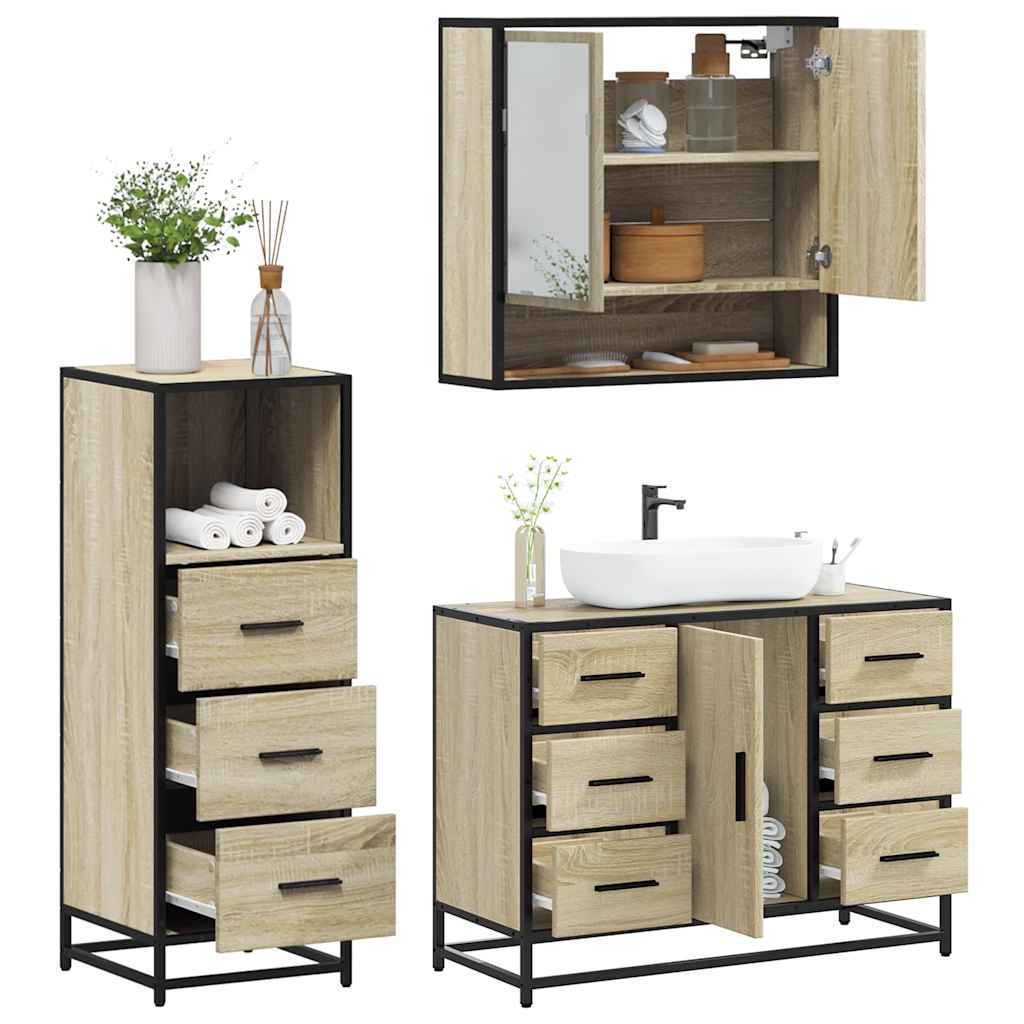 3-delige Badkamermeubelset bewerkt hout sonoma eikenkleurig is nu te koop bij PeponiXL, paradijselijk wonen!