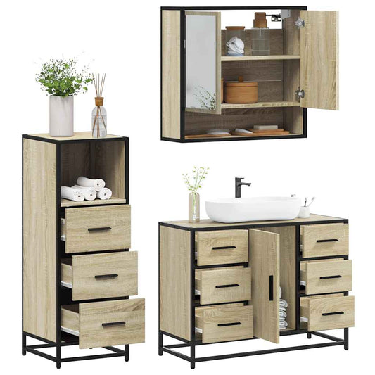 3-delige Badkamermeubelset bewerkt hout sonoma eikenkleurig is nu te koop bij PeponiXL, paradijselijk wonen!