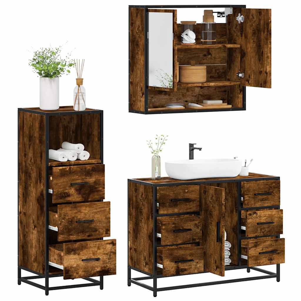 3-delige Badkamermeubelset bewerkt hout gerookt eikenkleurig is nu te koop bij PeponiXL, paradijselijk wonen!