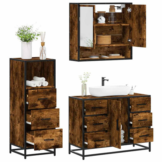 3-delige Badkamermeubelset bewerkt hout gerookt eikenkleurig is nu te koop bij PeponiXL, paradijselijk wonen!