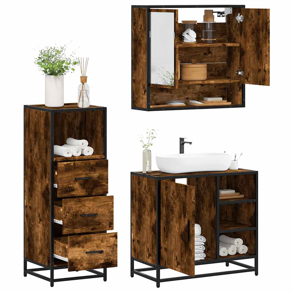 3-delige Badkamermeubelset bewerkt hout gerookt eikenkleurig is nu te koop bij PeponiXL, paradijselijk wonen!