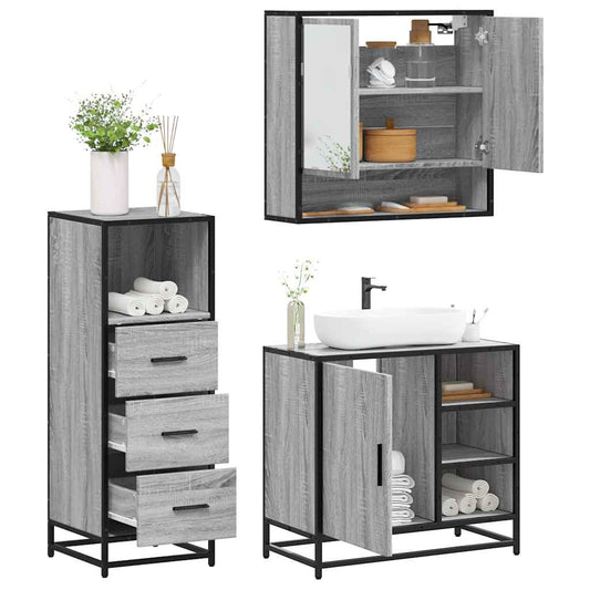 3-delige Badkamermeubelset bewerkt hout grijs sonoma eikenkleur is nu te koop bij PeponiXL, paradijselijk wonen!