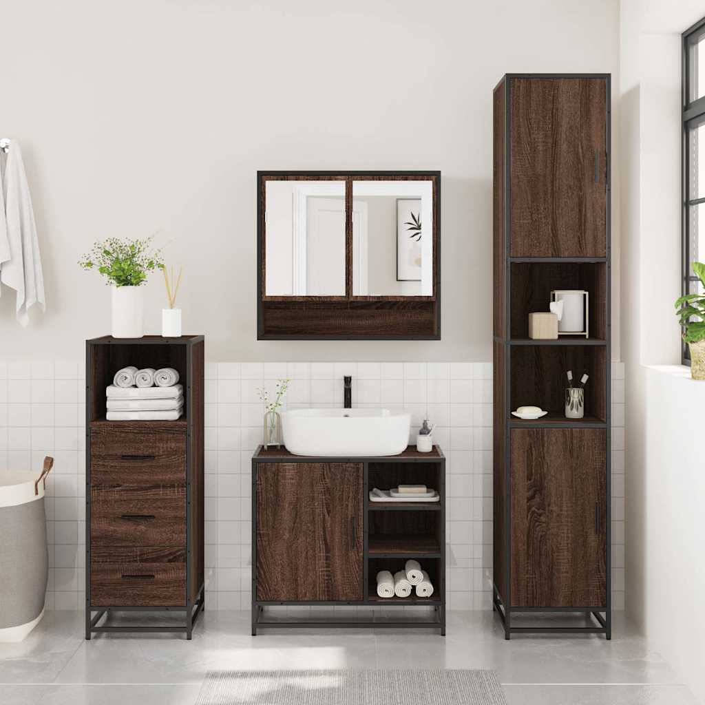 3-delige Badkamermeubelset bewerkt hout bruin eikenkleur is nu te koop bij PeponiXL, paradijselijk wonen!