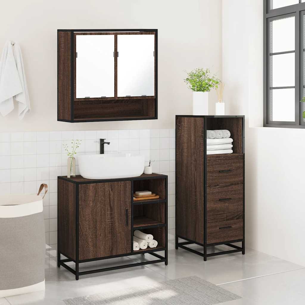3-delige Badkamermeubelset bewerkt hout bruin eikenkleur is nu te koop bij PeponiXL, paradijselijk wonen!
