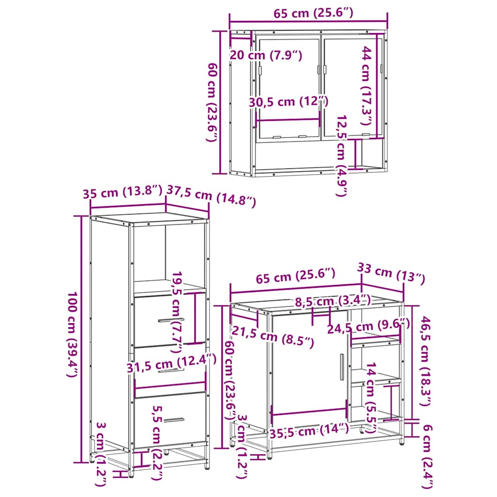 3-delige Badkamermeubelset bewerkt hout bruin eikenkleur is nu te koop bij PeponiXL, paradijselijk wonen!