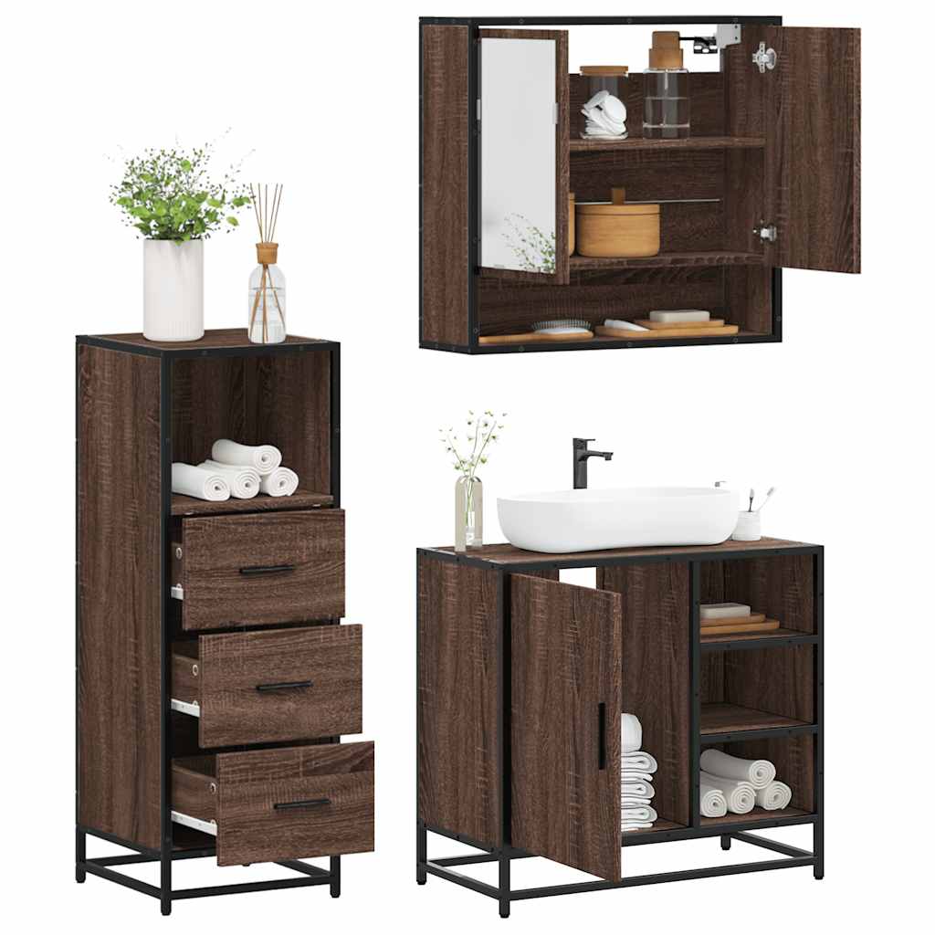 3-delige Badkamermeubelset bewerkt hout bruin eikenkleur is nu te koop bij PeponiXL, paradijselijk wonen!