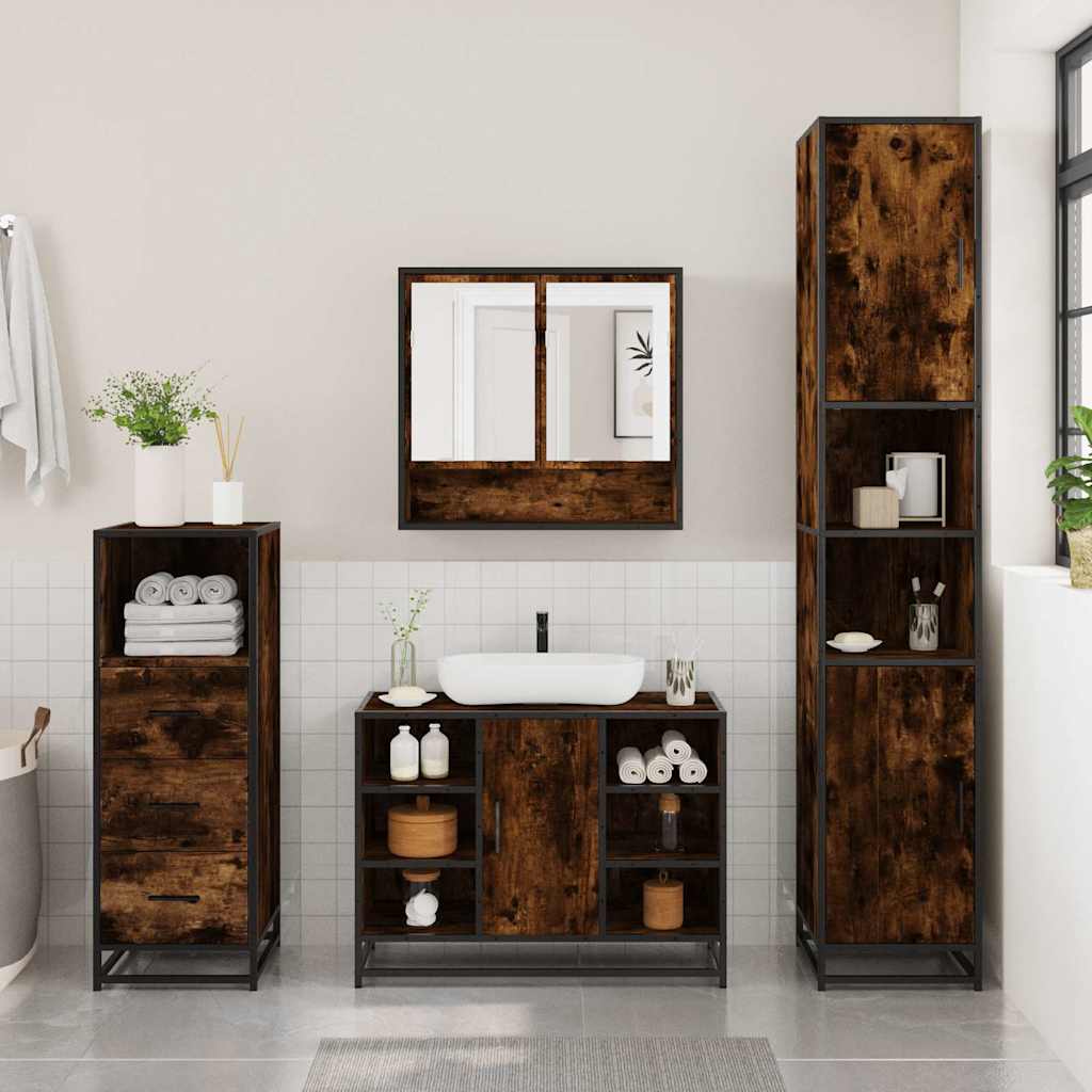3-delige Badkamermeubelset bewerkt hout gerookt eikenkleurig is nu te koop bij PeponiXL, paradijselijk wonen!