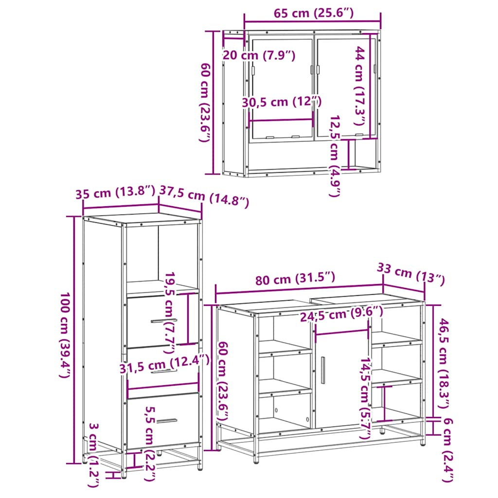 3-delige Badkamermeubelset bewerkt hout gerookt eikenkleurig is nu te koop bij PeponiXL, paradijselijk wonen!