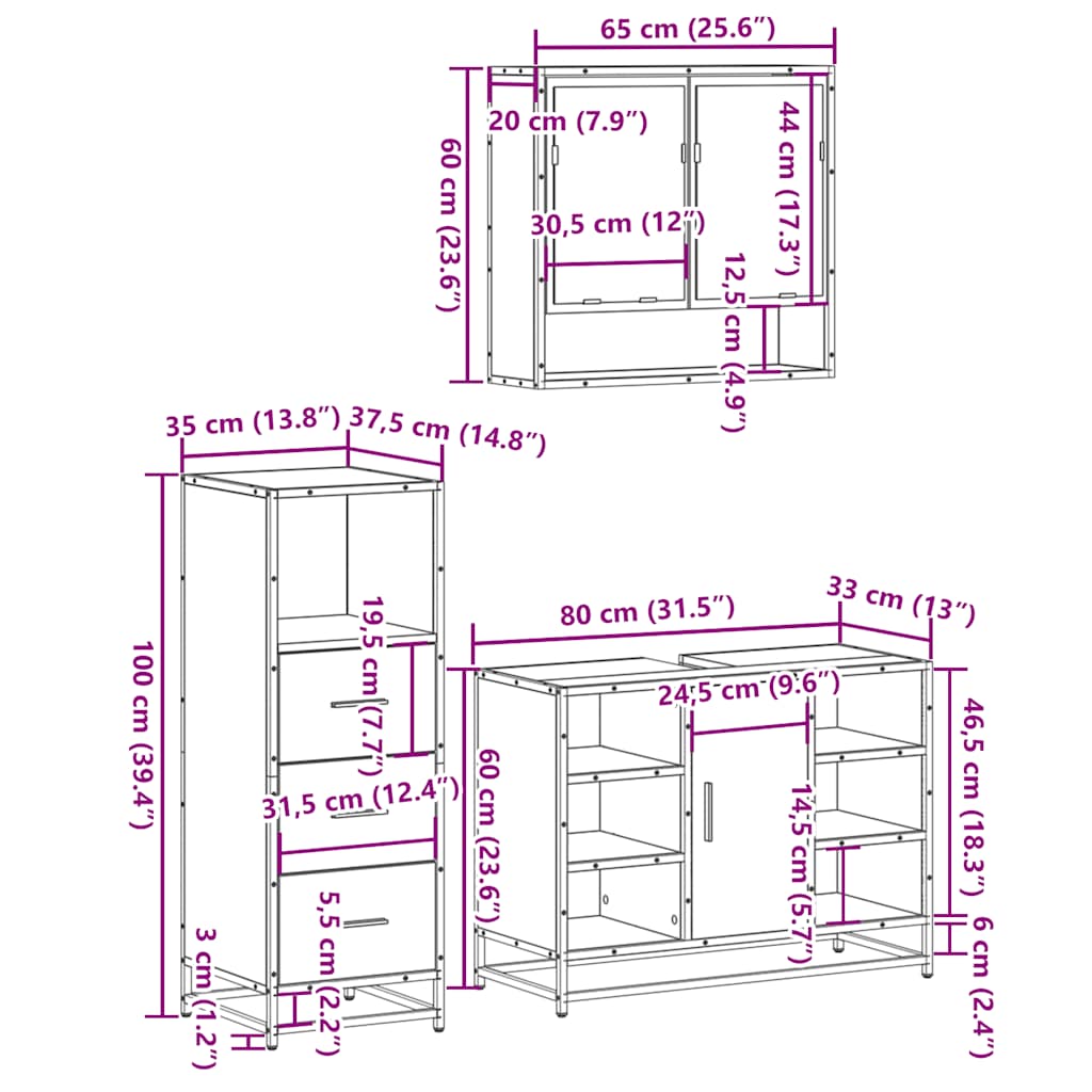 3-delige Badkamermeubelset bewerkt hout grijs sonoma eikenkleur is nu te koop bij PeponiXL, paradijselijk wonen!