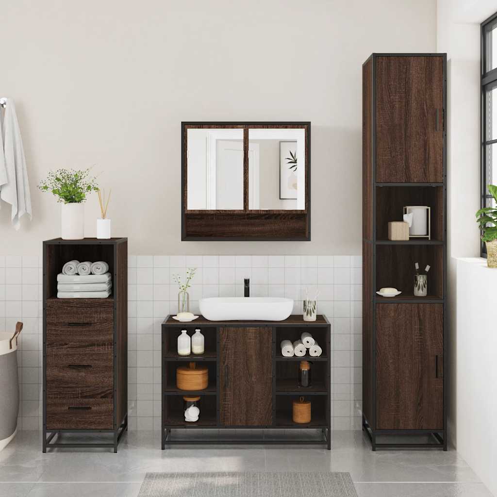 3-delige Badkamermeubelset bewerkt hout bruin eikenkleur is nu te koop bij PeponiXL, paradijselijk wonen!