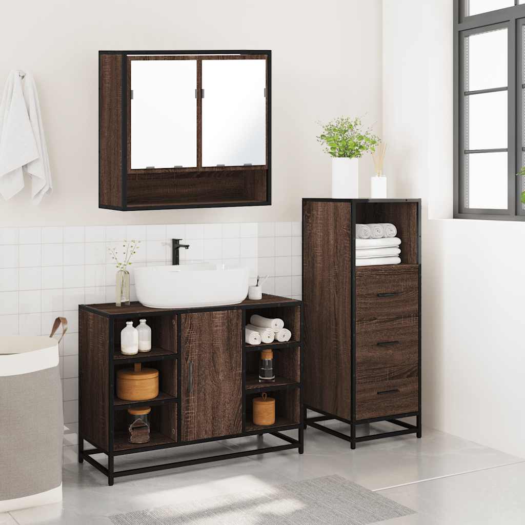 3-delige Badkamermeubelset bewerkt hout bruin eikenkleur is nu te koop bij PeponiXL, paradijselijk wonen!