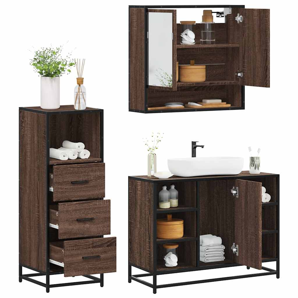 3-delige Badkamermeubelset bewerkt hout bruin eikenkleur is nu te koop bij PeponiXL, paradijselijk wonen!