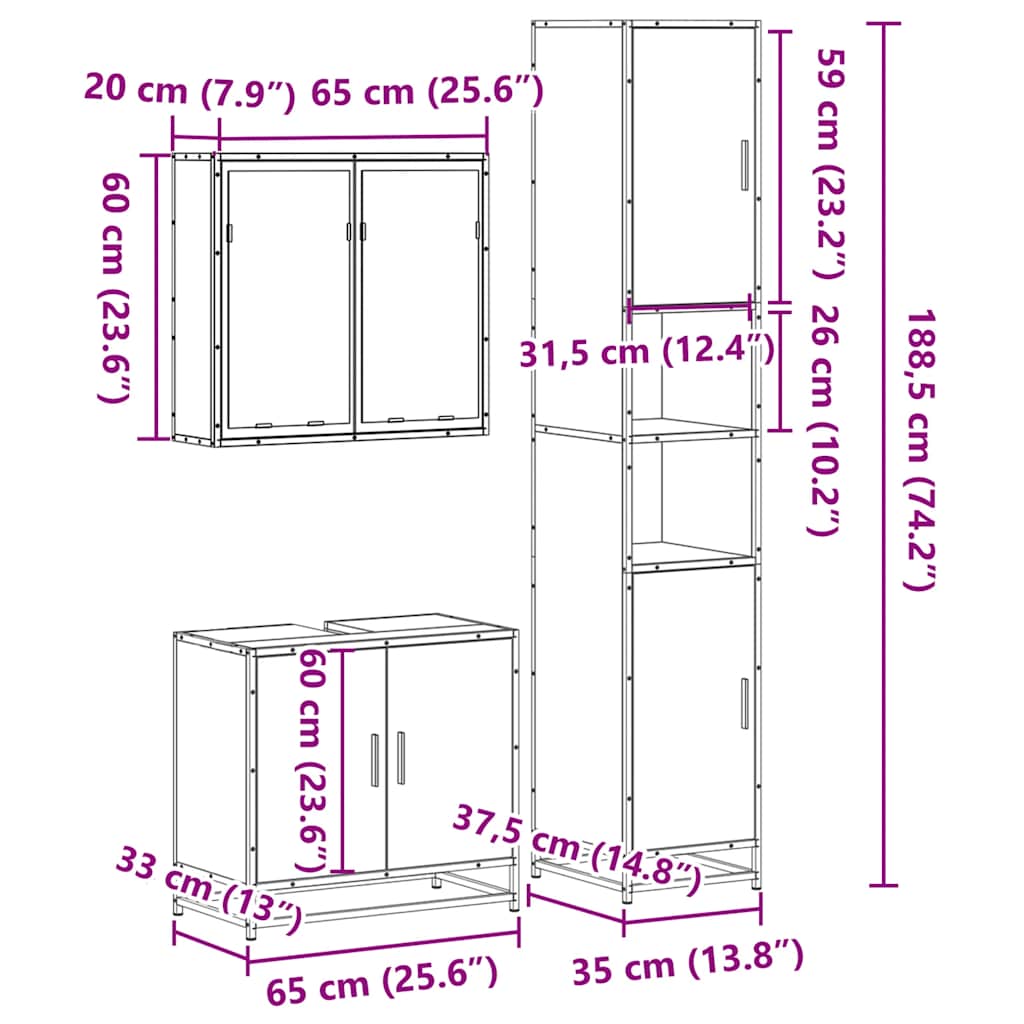 3-delige Badkamermeubelset bewerkt hout gerookt eikenkleurig is nu te koop bij PeponiXL, paradijselijk wonen!