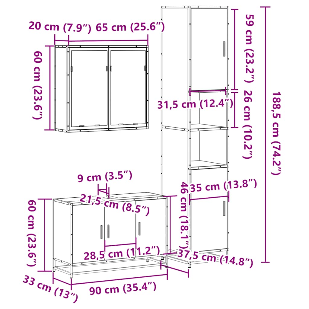 3-delige Badkamermeubelset bewerkt hout sonoma eikenkleurig is nu te koop bij PeponiXL, paradijselijk wonen!