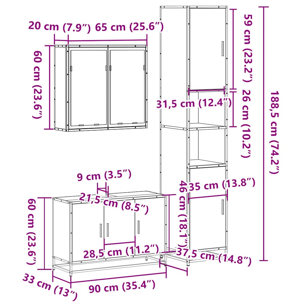 3-delige Badkamermeubelset bewerkt hout gerookt eikenkleurig is nu te koop bij PeponiXL, paradijselijk wonen!