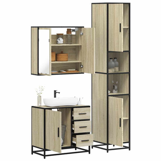 3-delige Badkamermeubelset bewerkt hout sonoma eikenkleurig is nu te koop bij PeponiXL, paradijselijk wonen!