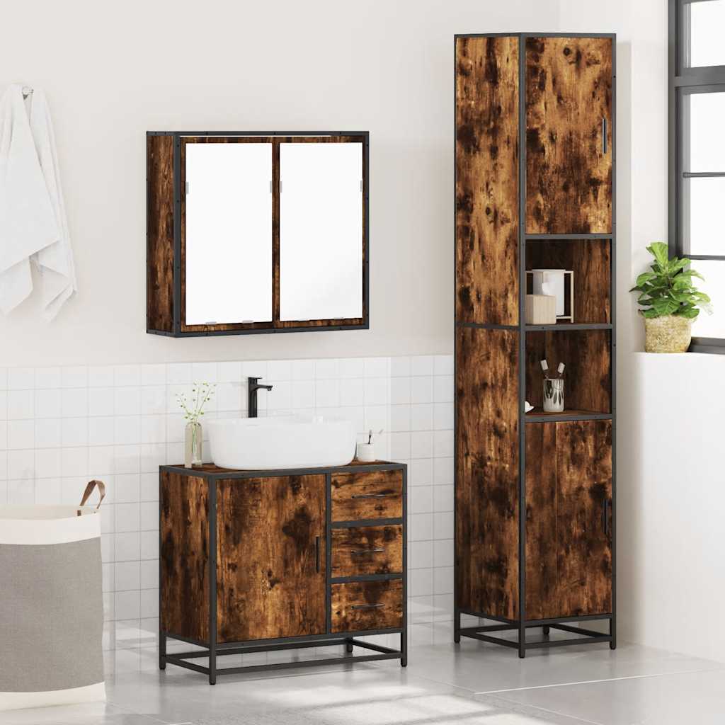 3-delige Badkamermeubelset bewerkt hout gerookt eikenkleurig is nu te koop bij PeponiXL, paradijselijk wonen!