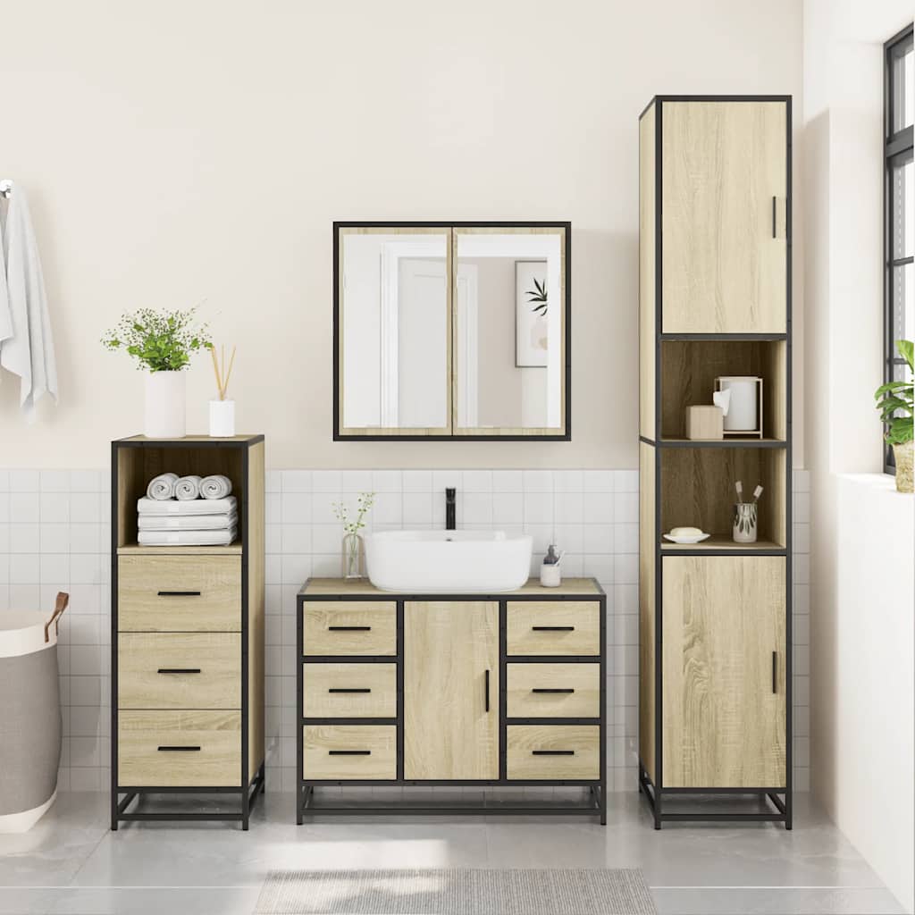 3-delige Badkamermeubelset bewerkt hout sonoma eikenkleurig is nu te koop bij PeponiXL, paradijselijk wonen!